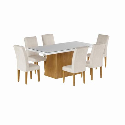 Conjunto de Mesa de Jantar Alice I com Vidro e 6 Cadeiras Grécia Veludo Creme e Off White