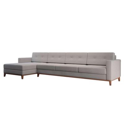 Sofá 4 Lugares Living com Chaise Esquerdo Pés e Base em Madeira Linho Cotton Cru