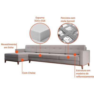 Sofá 4 Lugares Living com Chaise Esquerdo Pés e Base em Madeira Linho Cotton Cru