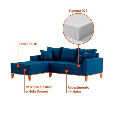 Sofá 3 Lugares Beny Com Chaise Esquerdo Linho Azul Marinho