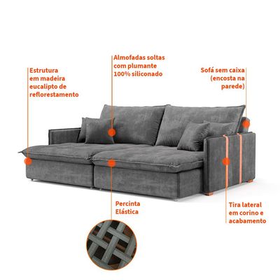 Sofá Retrátil Sem Caixa 3 lugares Solomons Velosuede Grafite