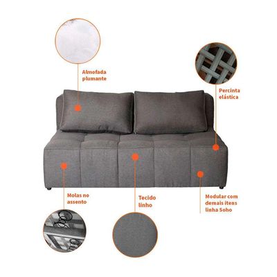 Sofá Modular 2 Lugares com Puff Soho Linho Grafite