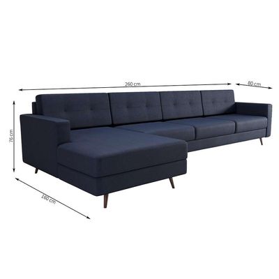 Sofá 4 Lugares Living com Chaise Esquerdo Pé Palito Linho Cotton Azul Marinho