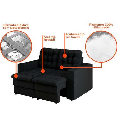 Sofá 2 Lugares Retrátil Lubeck Plush Suede Preto 140 cm