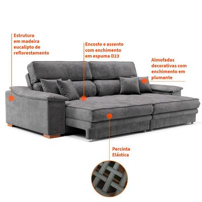 Sofá 3 Lugares Retrátil e Reclinável Lupin Velosuede Grafite