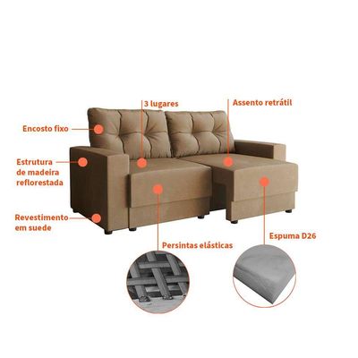 Sofá 3 Lugares Retrátil Lubeck Suede Bege 180 cm