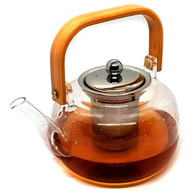 Chaleira de Vidro Borosilicato Base Plana C/ Infusor Inox e Alça de Madeira Vai Direto ao Fogo