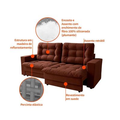 Sofá 3 Lugares Retrátil Lubeck Plush Suede Marrom