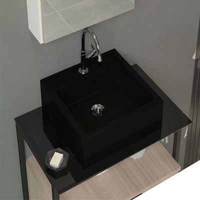 Conjunto Gabinete Urbe 60cm Madeirado Preto Tampo Preto Cuba Preto