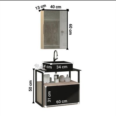 Conjunto Gabinete Urbe 60cm Madeirado Preto Tampo Preto Cuba Preto