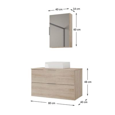 Conjunto Gabinete Banheiro Rubi 80cm - Gabinete + Cuba + Espelheira Madeirado Inteiro
