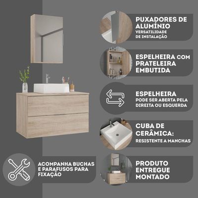 Conjunto Gabinete Banheiro Rubi 80cm - Gabinete + Cuba + Espelheira Madeirado Inteiro