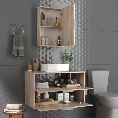 Conjunto Gabinete Banheiro Rubi 80cm - Gabinete + Cuba + Espelheira Madeirado Inteiro