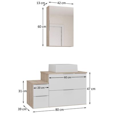 Conjunto Gabinete Banheiro Nivus 80 (gabinete+espelheira+cuba) Madeirado Branco