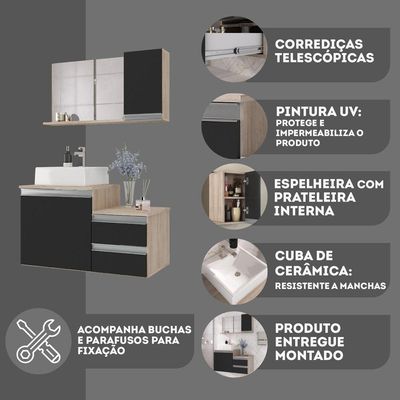 Conjunto Gabinete Banheiro Cross 80 (gabinete+espelheira+cuba) Madeirado Preto