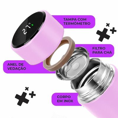 Garrafa Térmica Inteligente De Inox 500ml Tampa C/sensor De Temperatura Led água Café Chá Rosa Bebe