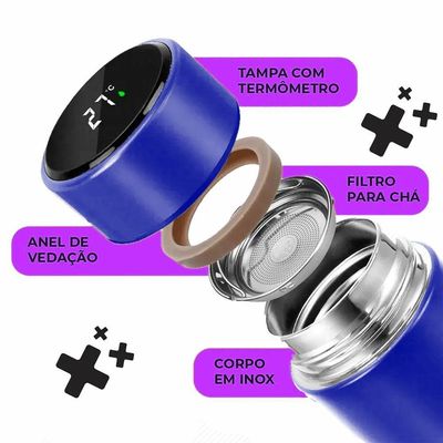 Garrafa Térmica Inteligente De Inox 500ml Tampa C/sensor De Temperatura Led água Café Chá Azul