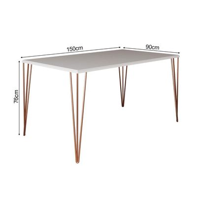 Mesa De Jantar Pés Hairpin Clips Elen 150x90cm Tampo Branco Com Base Cobre Branco