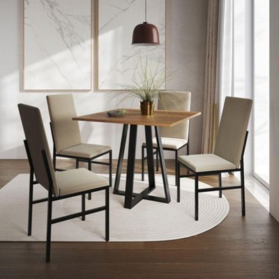 Conjunto De Jantar Mesa Mônaco Premium 90cm Imbuia Com 4 Cadeiras Estofadas Bege Preto
