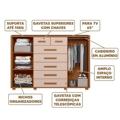 Cômoda 7 Gavetas Para Tv Até 65 Polegadas Jatobá Fendi Fonteine Shop Jm