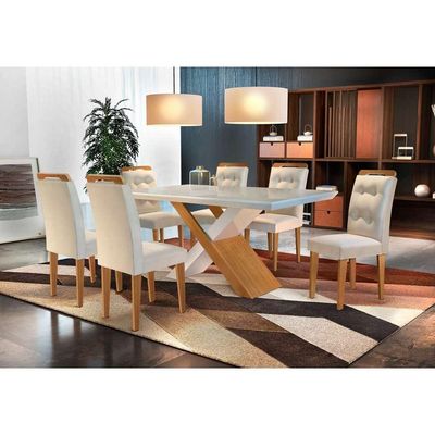 Conjunto de Mesa de Jantar com Vidro e  6 Cadeiras Imperatriz Veludo Creme e Off White