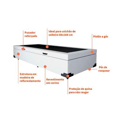Base para Cama Box Solteiro Martin Premium com Baú (45x88x188) Branca