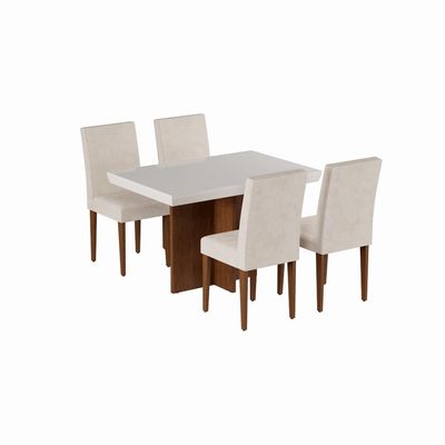 Conjunto de Mesa de Jantar Bilbao II com Tampo de Vidro Off White e 4 Cadeiras Grécia Veludo Creme