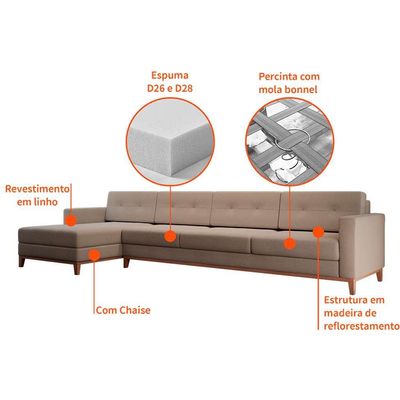 Sofá 4 Lugares Living com Chaise Esquerdo Pés e Base em Madeira Linho Cotton Bege