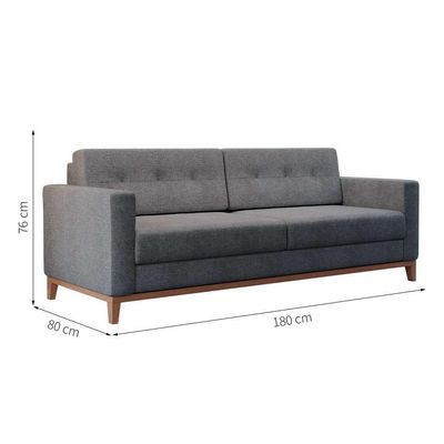 Sofá 3 Lugares Living Pés e Base em Madeira Linho Cotton Cinza 180 cm
