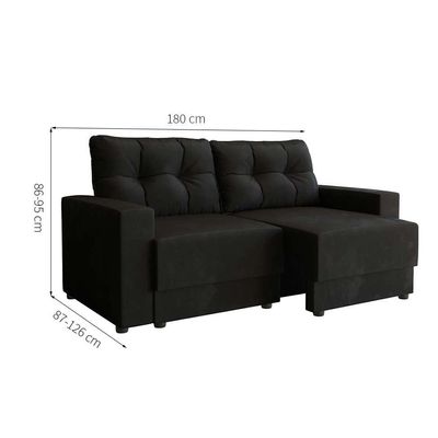 Sofá 3 Lugares Retrátil Lubeck Suede Preto 180 cm