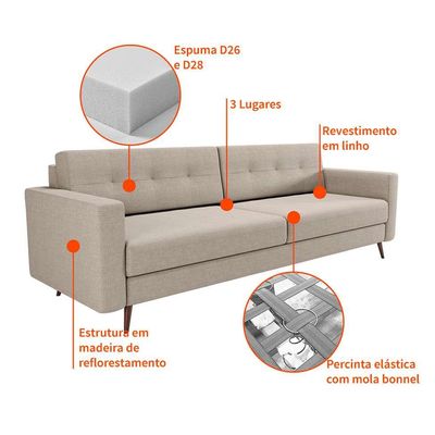 Sofá 3 Lugares Living Pé Palito Linho Cotton Cru 210 cm