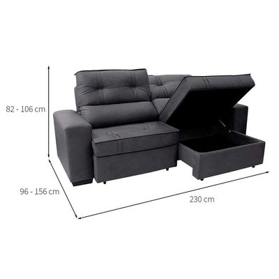 Sofá 3 Lugares Retrátil e Reclinável com Baú Lottus Suede Grafite