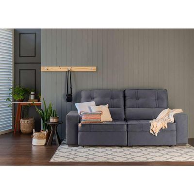 Sofá 3 Lugares Retrátil e Reclinável com Baú Lottus Suede Grafite