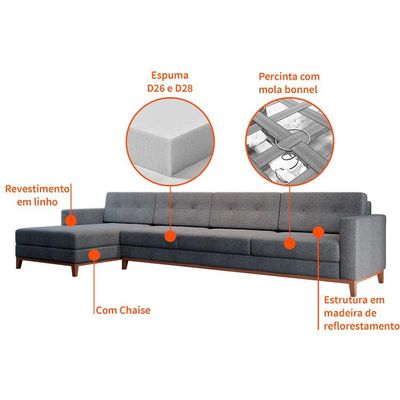 Sofá 4 Lugares Living com Chaise Esquerdo Pés e Base em Madeira Linho Cotton Cinza