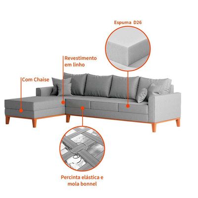 Sofá 4 Lugares Beny Com Chaise Esquerdo Linho Cinza