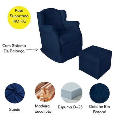 Poltrona Amamentação Balanço Confortável E Puff Suede Ariel azul Marinho