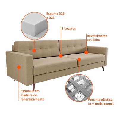 Sofá 3 Lugares Living Pé Palito Linho Cotton Bege 210 cm