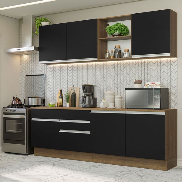 Armário de Cozinha Completa 240cm Rustic/Preto Glamy Madesa 06 Cor:Rustic/Preto