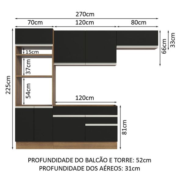 Armário de Cozinha Completa 270cm Rustic/Preto Glamy Madesa 15 Cor:Rustic/Preto