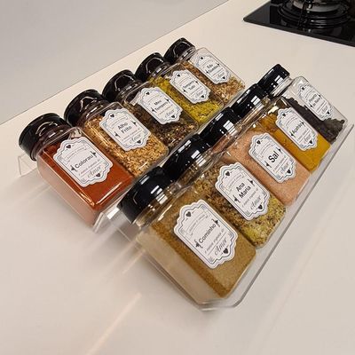 Kit 4 Suportes De Acrílico Pra Tempero + 30 Rótulos 20 Potes