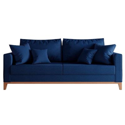 Sofá 3 Lugares Beny Base de Madeira Linho Cotton Azul Marinho