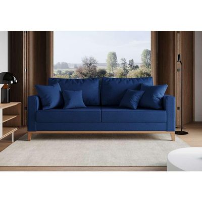 Sofá 3 Lugares Beny Base de Madeira Linho Cotton Azul Marinho