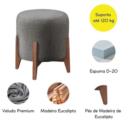 Puff Estofado Decorativo Para Sala Redondo Paris Veludo cinza