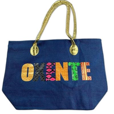 Bolsa De Praia Palha Feminina Com Zíper De Ombro Oxente Sacola Ecobag Tote Juta Com Alça Dourada azul