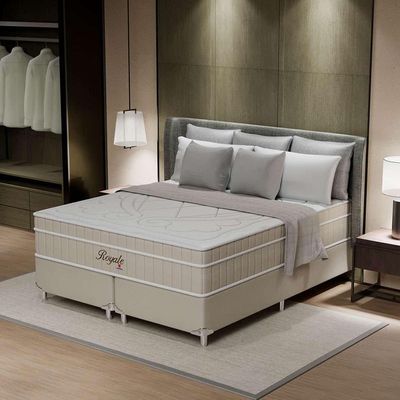 Cama Box Queen Royale com Colchão Queen Molas Ensacadas Bege e Branca