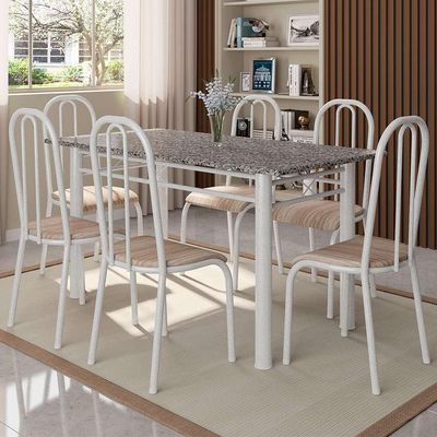 Conjunto de Mesa Granada com 6 Cadeiras Madri Branco e Natural Bege