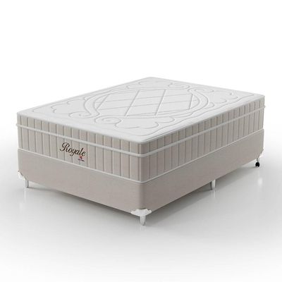 Cama Box Casal Royale com Colchão Casal Molas Ensacadas Bege e Branca
