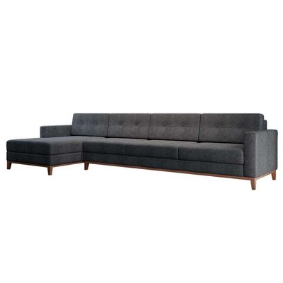 Sofá 4 Lugares Living com Chaise Esquerdo Pés e Base em Madeira Linho Cotton Grafite