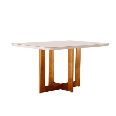 Conjunto de Mesa de Jantar Retangular com Tampo de Vidro Off White Talia e 4 Cadeiras Livia Linho Bege e Imbuia