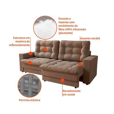 Sofá 3 Lugares Retrátil Lubeck Plush Suede Bege